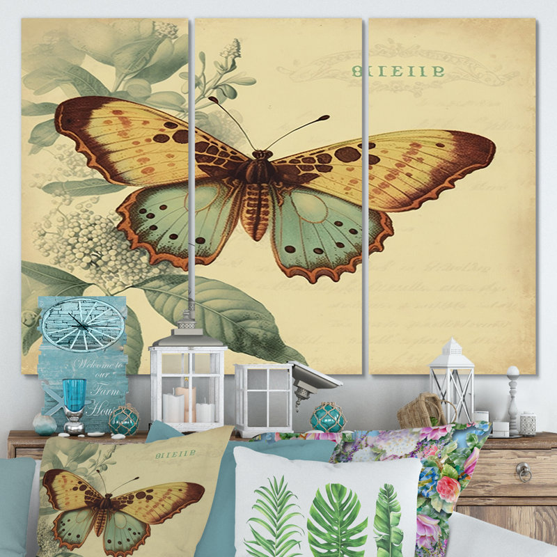 Illustration rétro de papillons VI - animaux, ensemble d'art mural sur toile_80517, H 28 po x l 36 po x P 1 po, Toile tendue