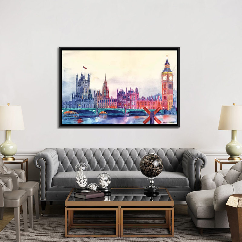 «Sunset In London I» par Maja Wronska, impression sur toile, H 18 po x l 26 po x P 1,5 po, Toile avec cadre noir