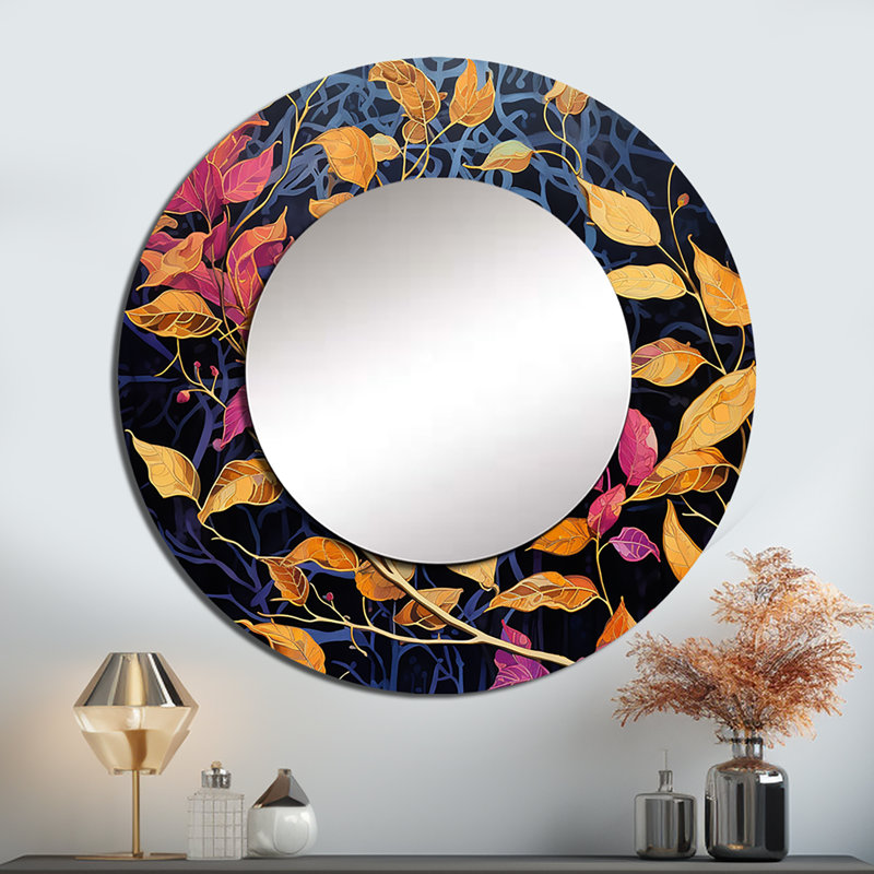 Or et feuille rose charme en hiver I - grand miroir mural feuilles, miroir décoratif rond traditionnel, impression d'art en métal