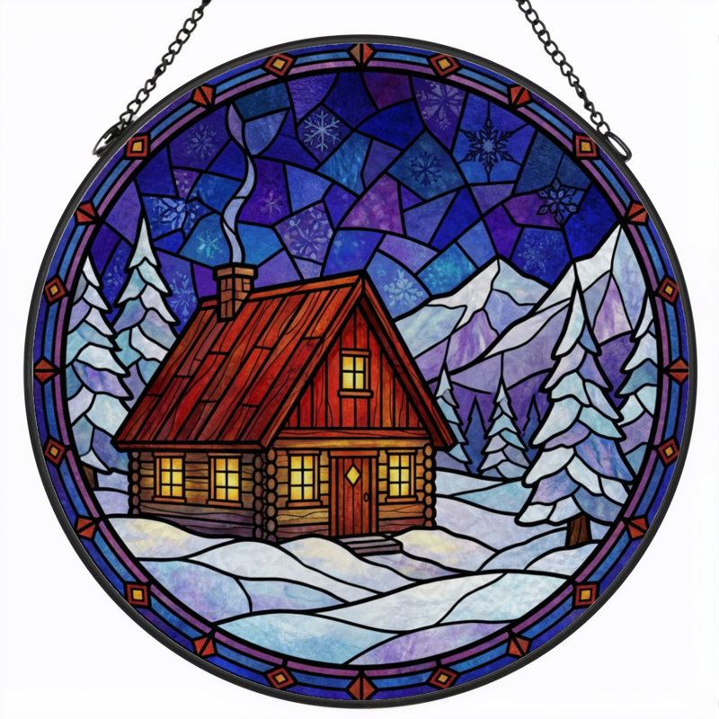 7.8"H Winter Cabin Stained Glass Window Panel, 7.8" H x 7.8" W