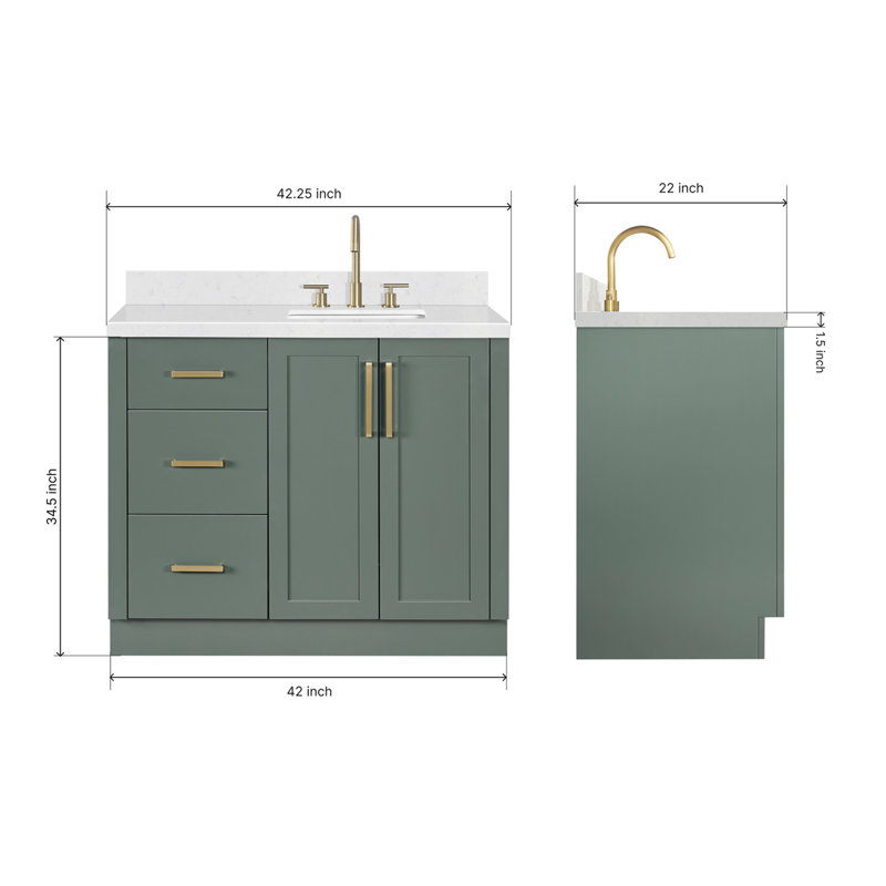 Meuble-lavabo rectangulaire simple de 42 pouces avec décalage à droite et comptoir en quartz blanc de Carrare de 1,5 pouce, couleur vert vintage