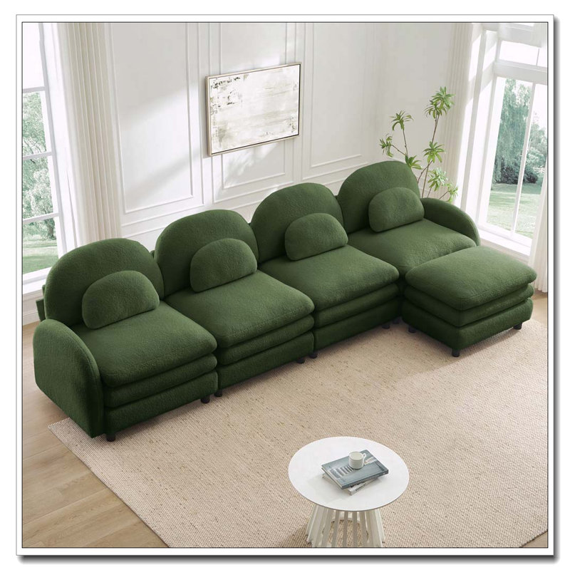 Canapé en tissu Teddy Cloud, dossier incurvé et accoudoirs avec coussins lombaires, Vert + 4 sièges + 1 repose-pieds