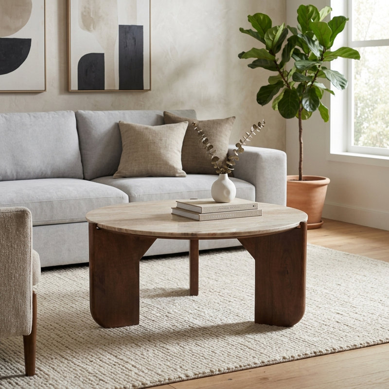 Table basse ronde en marbre et bois de manguier Adonia pour le salon - petite table d'appoint moderne avec base sculptée pour le bureau - 36 po, beige et brun