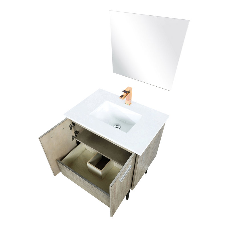 Meuble-lavabo rustique l 30 po avec comptoir en marbre de culture P 20 po, robinet or rose, miroir 28 po, 30"