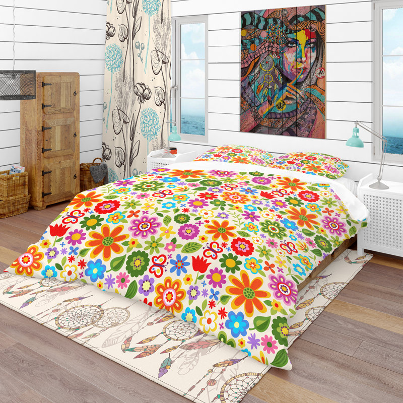 Ensemble de housse de couette bohème et éclectique, Housse simple + 1 taie décorative