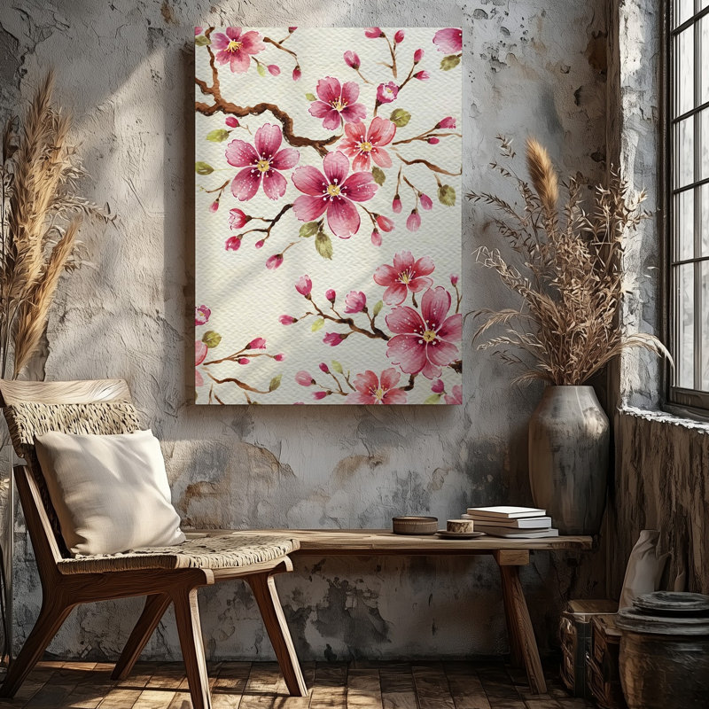 Toile, motif délicat de cerisiers en fleurs peints à la main sur fond d'art mural, fond beige doux texturé mettant en vedette des grappes