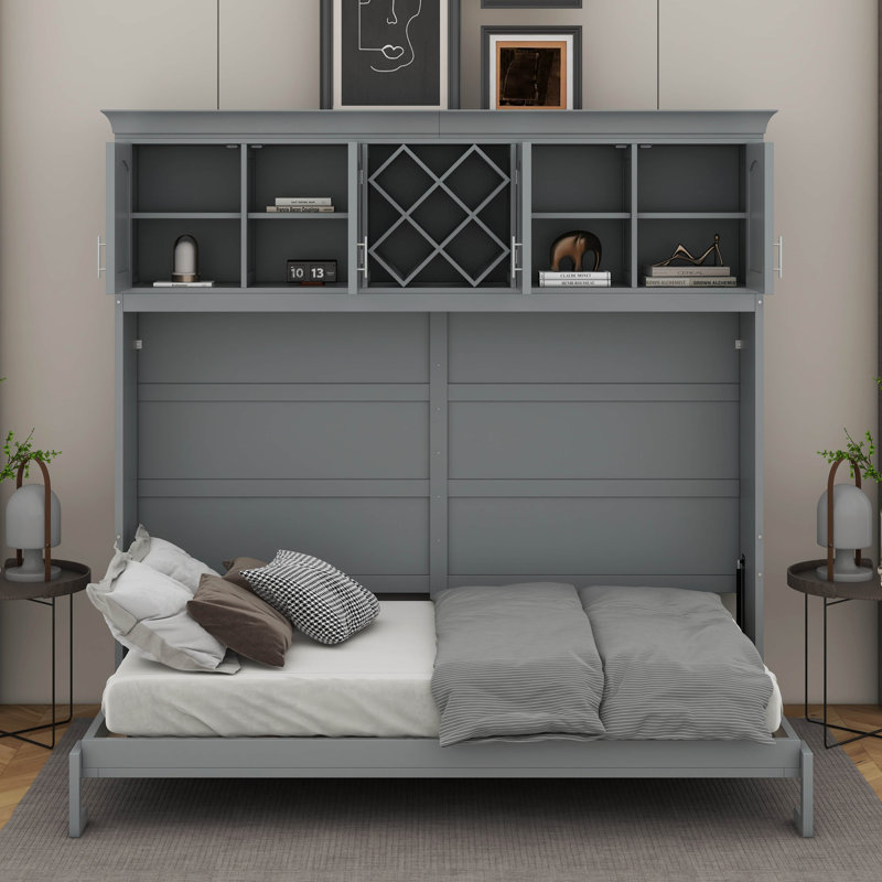 Ample Queen-Size Murphy Bed Accompanied By Large Upper Cabinetry, Gray