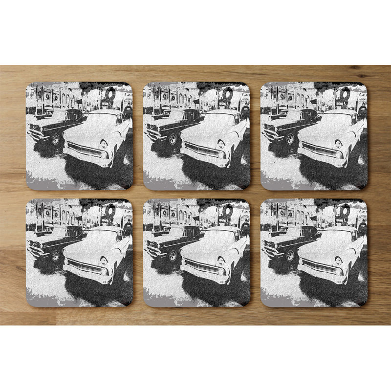 Square 6 Piece Coaster Set, Satin Silver/Grey/Black