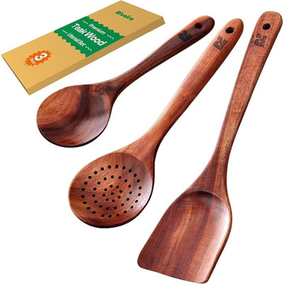 Ensemble de 3 cuillères en teck foncé pour la cuisine - Ensemble d'ustensiles de cuisine en bois - Ustensiles de cuisine non toxiques - Spatule en bois pour la cuisine - Ustensiles en bois de teck pour batterie de cuisine antiadhésive
