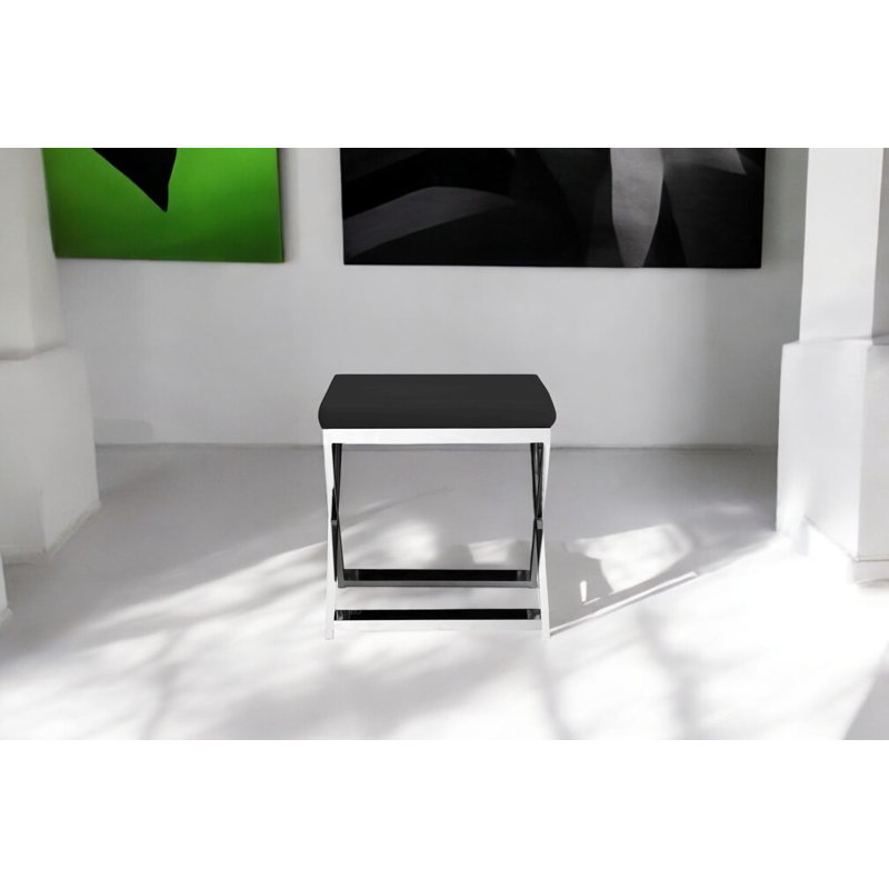 Tabouret d'appoint Axel, Argent, Cuir véritable noir