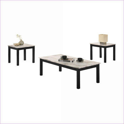 Blanc contemporain Ensemble de table basse 3 pièces en faux marbre noir pour le salon, robuste et amp; Assemblage facile