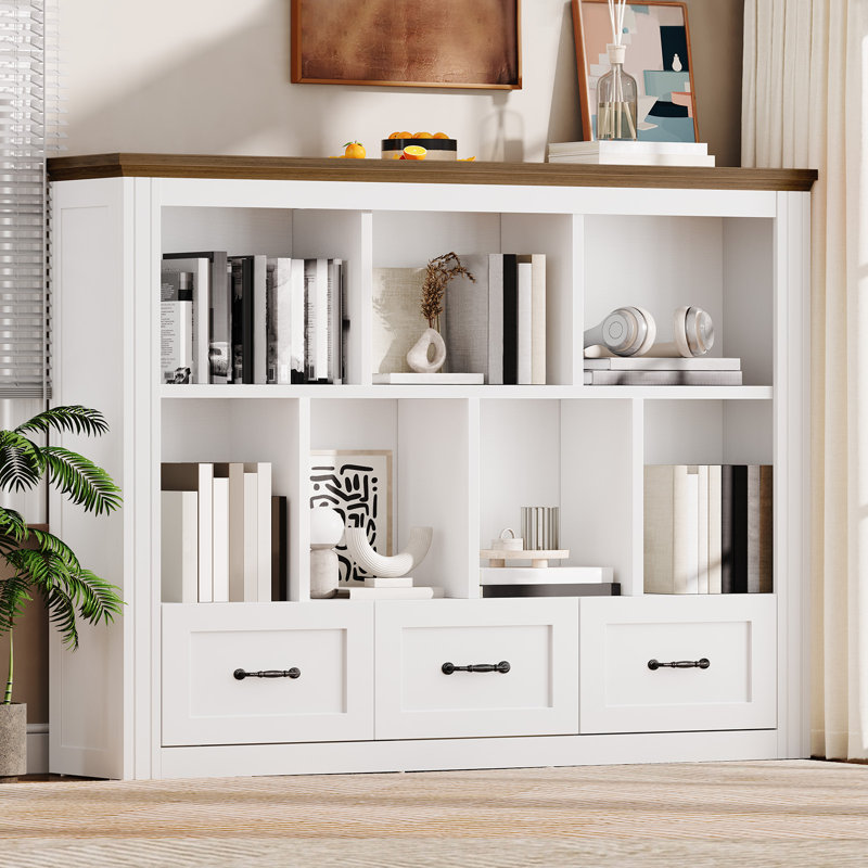 Bibliothèque 47,5 "Farmhouse Cube, support de rangement avec 7 compartiments et 3 tiroirs, bibliothèque ouverte sur pied à 3 niveaux avec base
