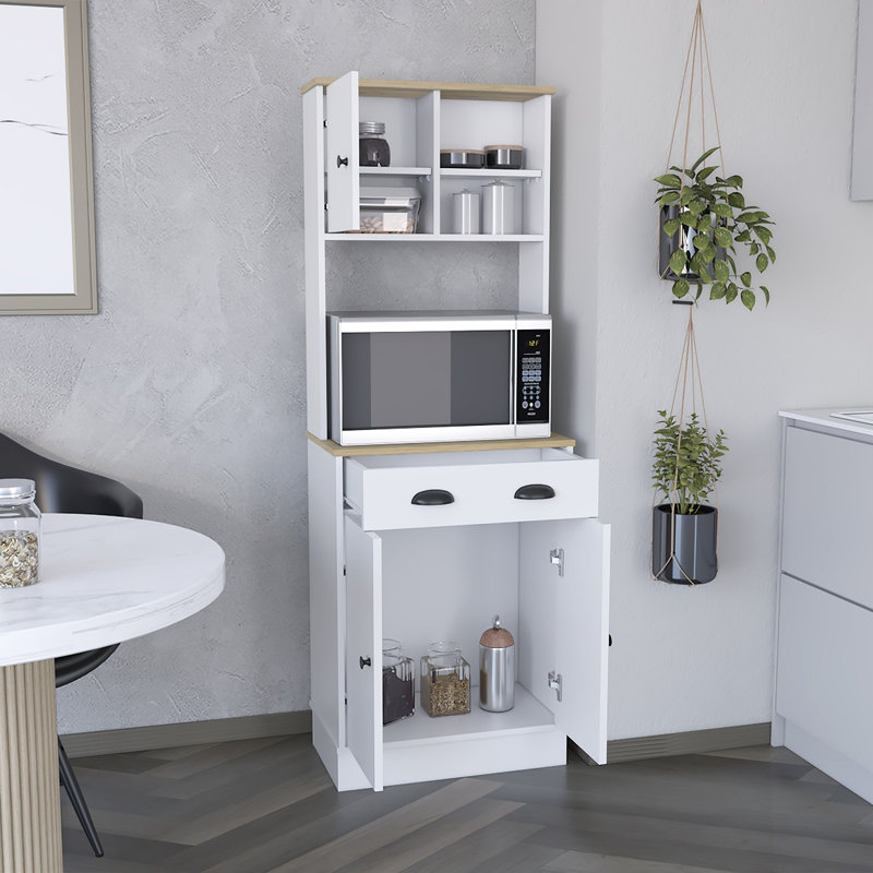 Armoire de cuisine H 67 po, deux armoires, trois portes, deux tablettes ouvertes, un tiroir, option de rangement pour micro-ondes