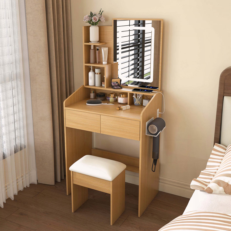 Table de coiffeuse compacte avec miroir à DEL, prise de courant et tabouret