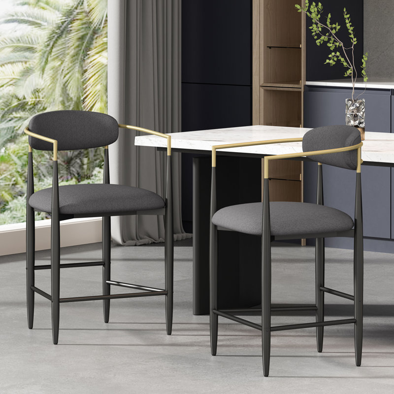 Amen Upholstered Bar Stools, Fabric Charcoal/Black Base, Counter Stool (25." Seat Height)