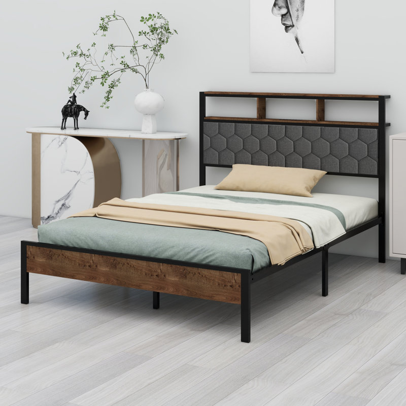 Base de lit plateforme en bois, chevet avec emballage souple et 2 pièces, grand espace de rangement au bas du lit, Double