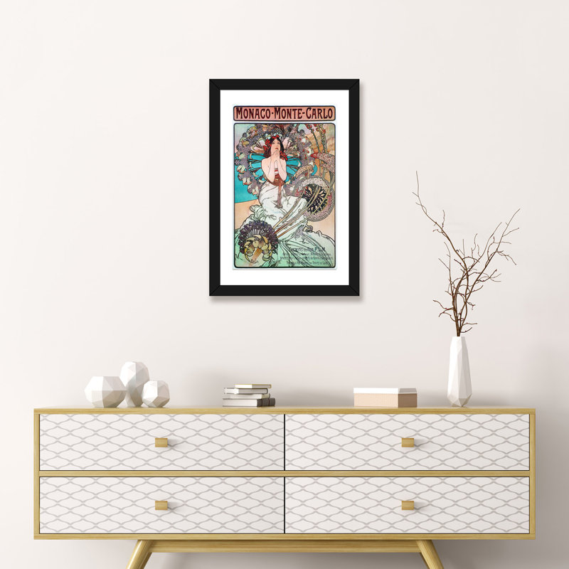 Monaco, Monte Carlo, 1897 par Alphonse Mucha - impression d'art graphique, H 24 po x l 16 po x P 1 po, Papier encadré noir