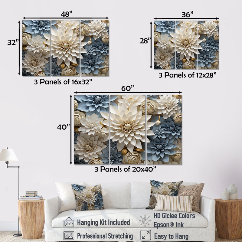 Ensemble de décorations murales Simplicity Mums Bloom en beige et bleu pâle II - Mums, Toile tendue, H 40 po x l 60 po