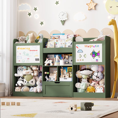 70.8"W Toy Storage Organizer with 3 Tier Montessori Bookshelf, 2 Magnetic Drawing Boards, Removable Drawer and 3 Cubbies, 2 Large Stuffed Animal Storage for Kids Bedroom, Playroom, Nursery, Green