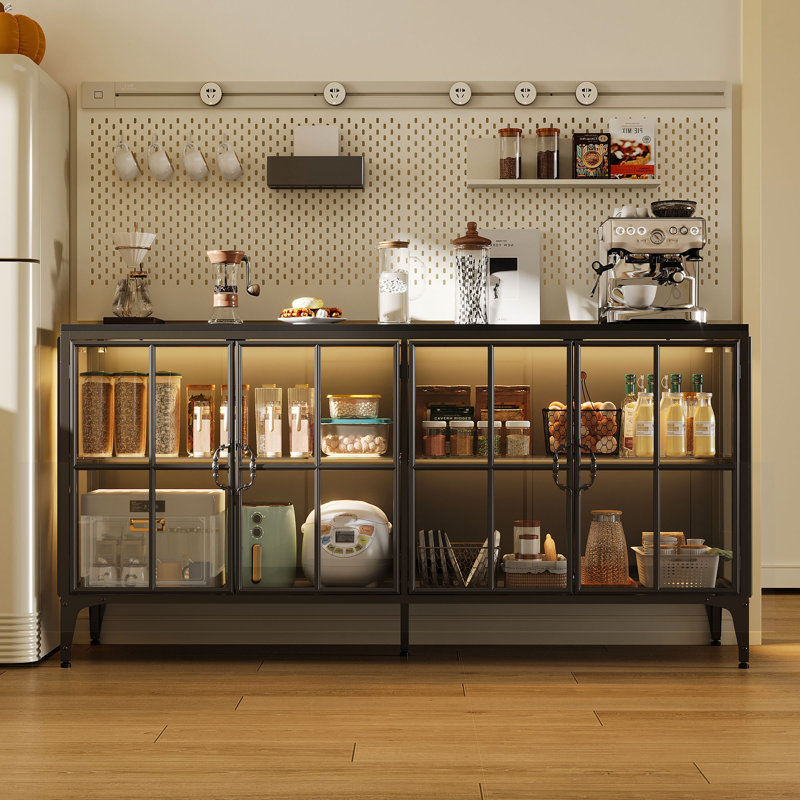 63" Industrial Kitchen Storage Cabinet With Glass Doors, Matte Black Metal Frame & Double-Shelf Design