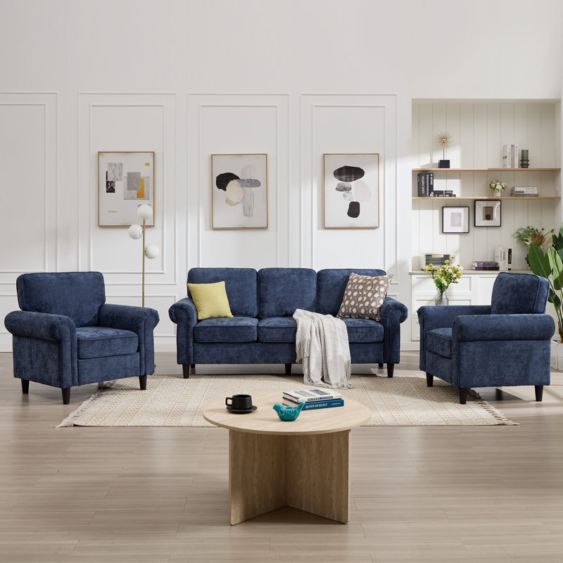 Ensemble de salon avec canapé rembourré 3 pièces, Bleu