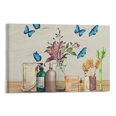 Country Butterfly Flower Floral, cadre en bois à l'arrière encastré, art mural décoratif, l 36 x L 24