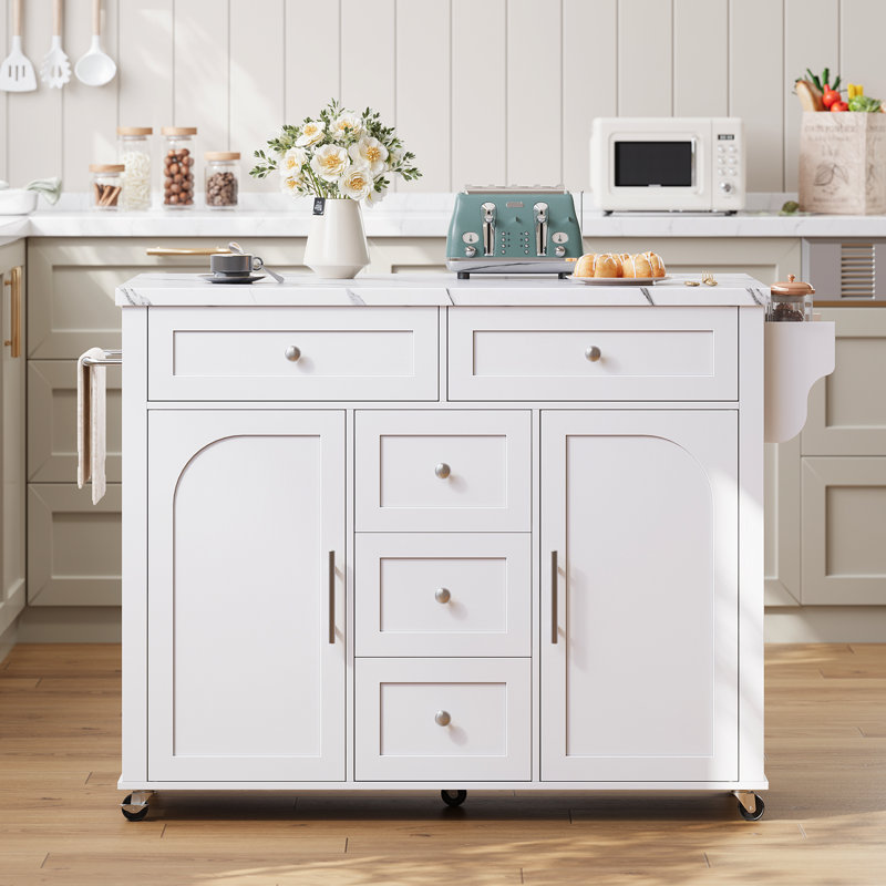 Rolling Wood Kitchen Island With Faux Marble, Storage Cart With Drop Leaf & Power Outlet For Kitchen, Dining Room, White