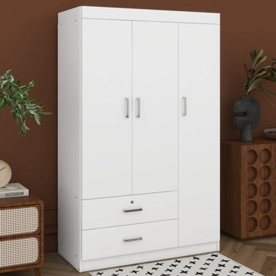 3-Door Large Wardrobe With 2 Storage Drawers, Modern Armoire Free-Standing Garment Wooden Closet Storage Cabinet