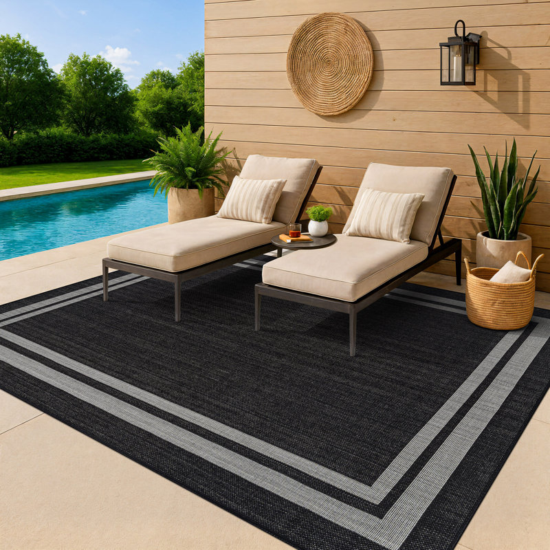 Tapis intérieur / extérieur tissé à plat en jute noir / ivoire Border, Noir, Rectangle 7 pi 10 po x 10 pi
