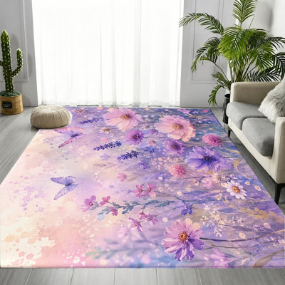 Watercolor Floral Butterfly Area Rug, Vibrant Botanical Blossom Pattern, Machine Washable Soft Non-Slip Floor Carpet, Artistic Nature Indoor Home Decor for Living Room, Bedroom, Dining Room, Hallway