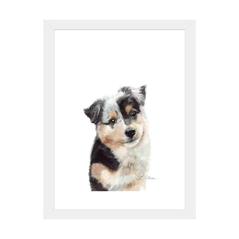 Chiot berger australien - reproduction d'art, H 32 po x l 24 po x P 1 po, Papier encadré blanc, Blanc