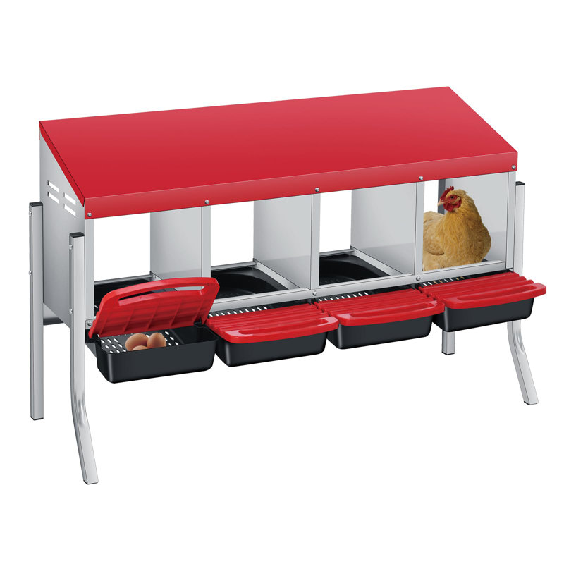 Boîtes de nidification de poulet avec pattes, boîte de ponte en acier galvanisé résistant aux intempéries à 4 trous avec perchoir à poignée et collection automatique d'œufs à enroulement, facile à nettoyer et à assembler rapidement pour le poulailler