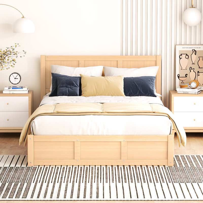 Lit plateforme couleur bois naturel avec compartiments de rangement et 2 tiroirs - Finition de tiroir de chambre stable pour