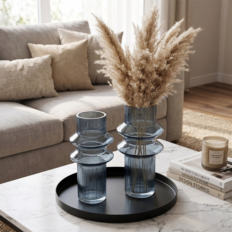 Ensemble de 2 vases en verre bleu fumé côtelé de forme unique, vases en verre empilés irréguliers modernes pour la décoration intérieure