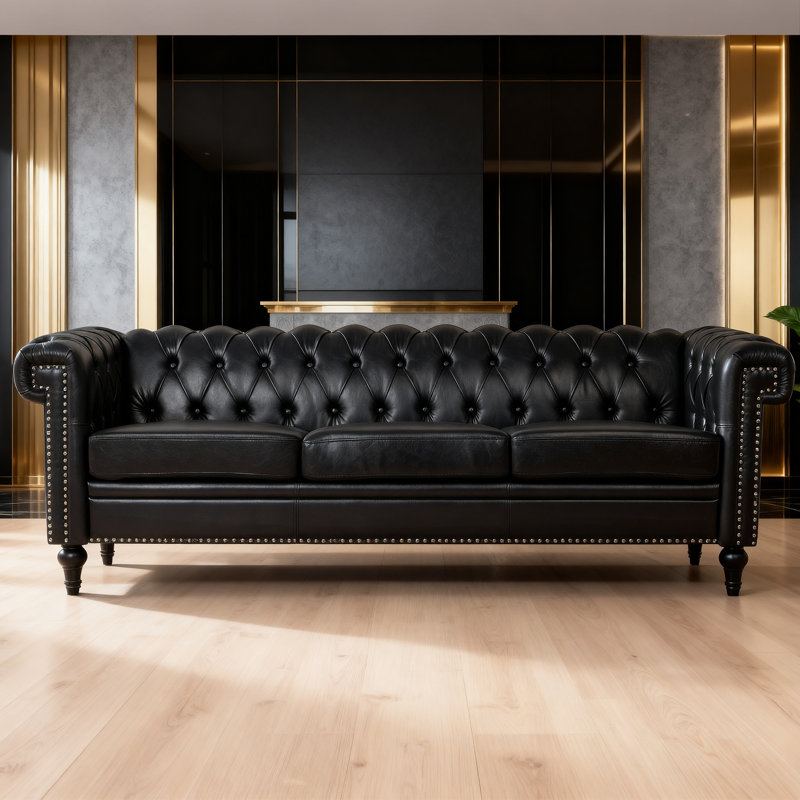 83.6" Chesterfield PU Leather Sofa with Rolled Arms and Nailhead Trim, Black