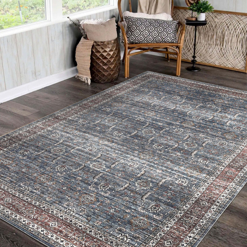 Tapis oriental bleu 5 pi x 8 pi résistant aux taches, Rectangle 5 pi 4 po x 7 pi 7 po