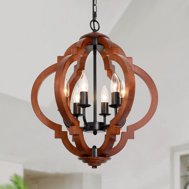 Lustre rustique en bois 6 lumières Allysha, Noir/brun rougeâtre