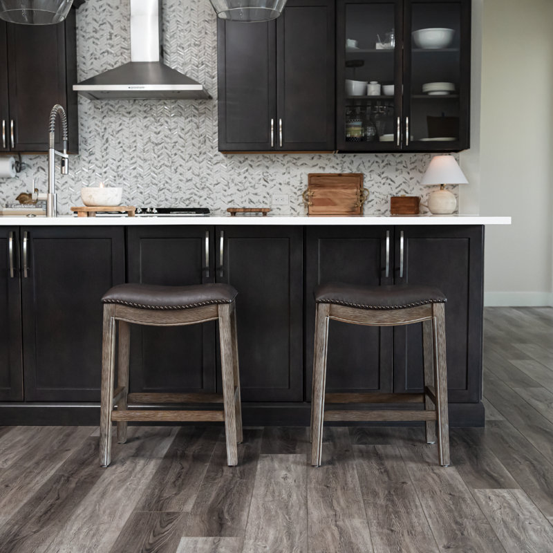 Maven Lane Adrien Backless Saddle Stool with Faux Leather Upholstery, Counter Stool (26" Seat Height), Marksman Saddle/Walnut