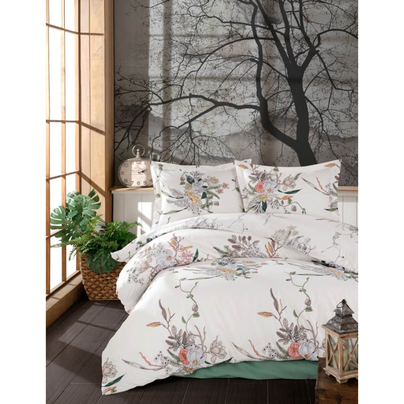 Ensemble de housse de courtepointe Luxury Ranforce Super King, 102 x 87 | 100% coton, 145 fils | Comprend 2 taies d'oreiller (19,7 x 31,5) | Lavable à la machine, blanc élégant, brun, rose et vert, design élégant
