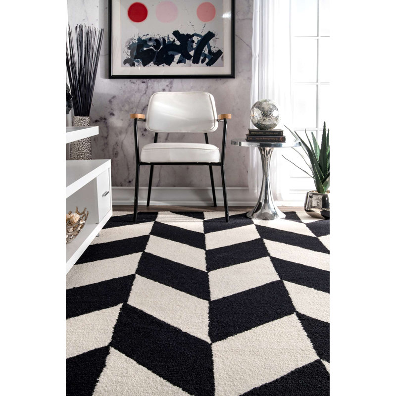 Tapis noir / blanc en laine touffeté à la main à motif géométrique Tilley, Rectangle 8 pi 6 po x 11 pi 6 po