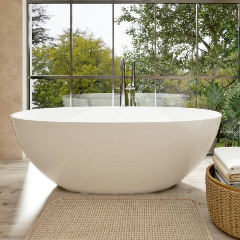 Baignoire autoportante en résine de 65 po, blanc brillant, baignoire immersive de style spa, bonde centrale avec bonde à surface solide, eau de grande capacité, arche lombaire ergonomique