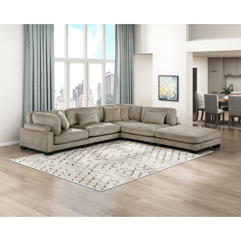 Canapé modulaire 5 pièces avec repose-pieds Koah, Taupe velours côtelé