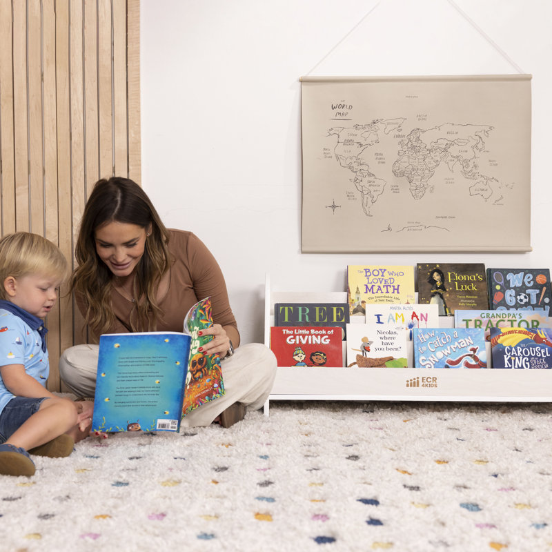 White Wash Birch 3-Shelf Kids Book Display with Handles