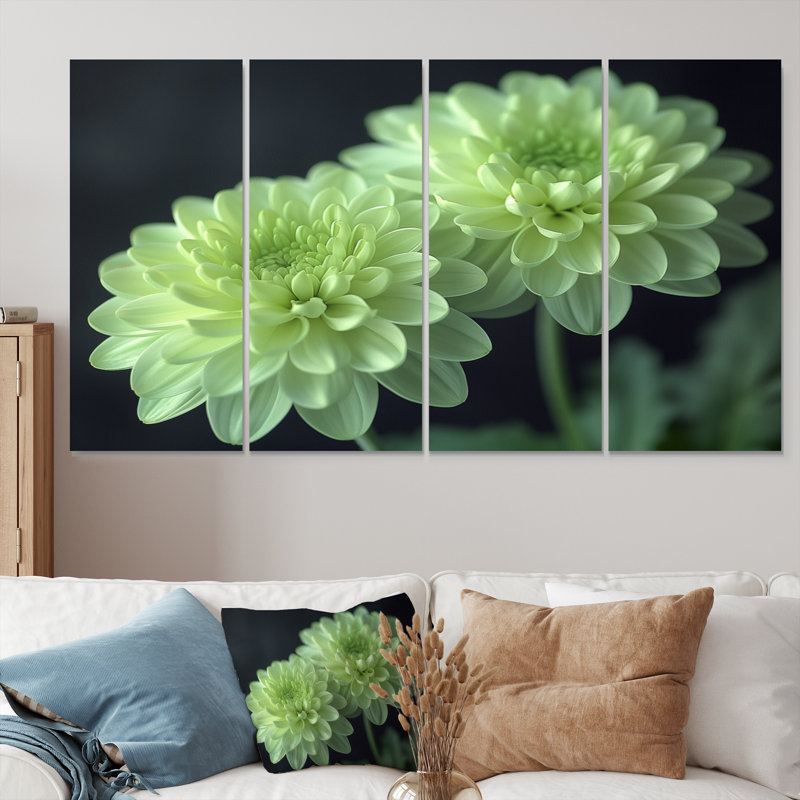 Green Monochrom Mums Flowers Bouquet I - Mums Wall Art Living Room Set, 32" H x 64" W