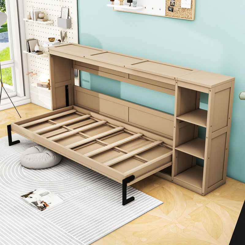 Lit escamotable en bois avec tablettes intégrées, Blanc, Simple