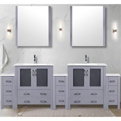 Gris foncé 96 po Large meuble-lavabo double avec armoires latérales, comptoir en céramique blanche, 28 miroirs et robinet en acier inoxydable, teinture pour salle de bain à long terme