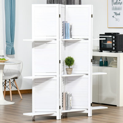 White Wood Privacy Screen Room Divider, 4 Panels 67" Tall With 3 Shelves & Folding, Bedroom/Office Panel Display Shelves, Folding For Home Office/Bedroom,