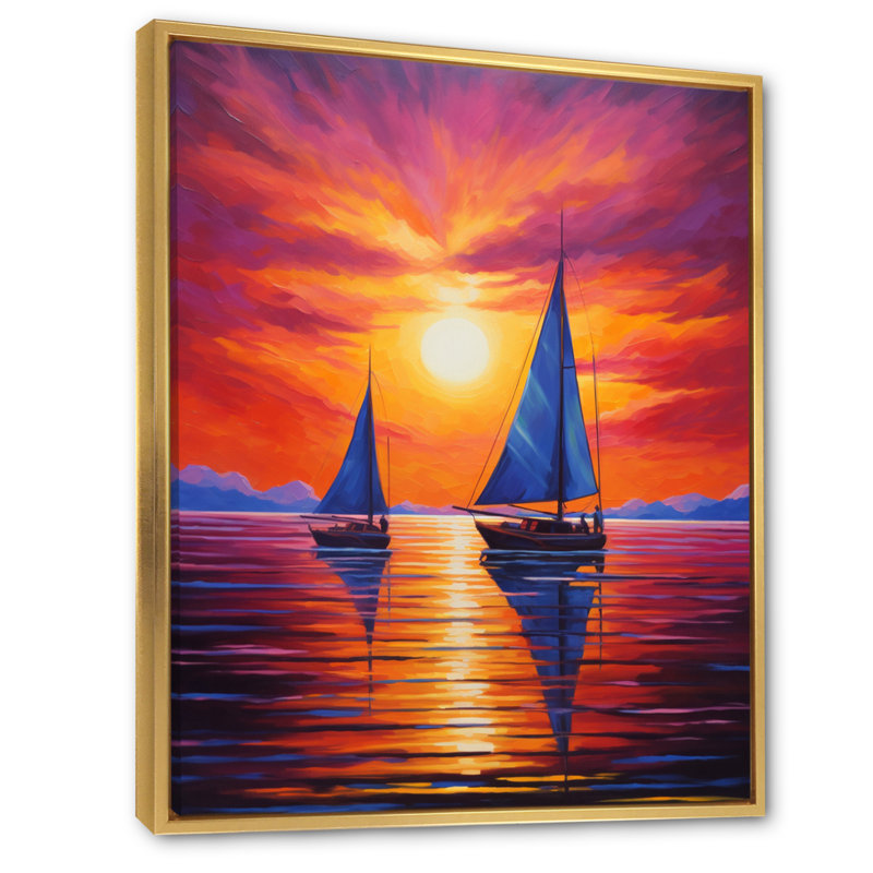 Voilier au coucher du soleil sur une toile, L 34 po x H 44 po, Cadre flottant doré