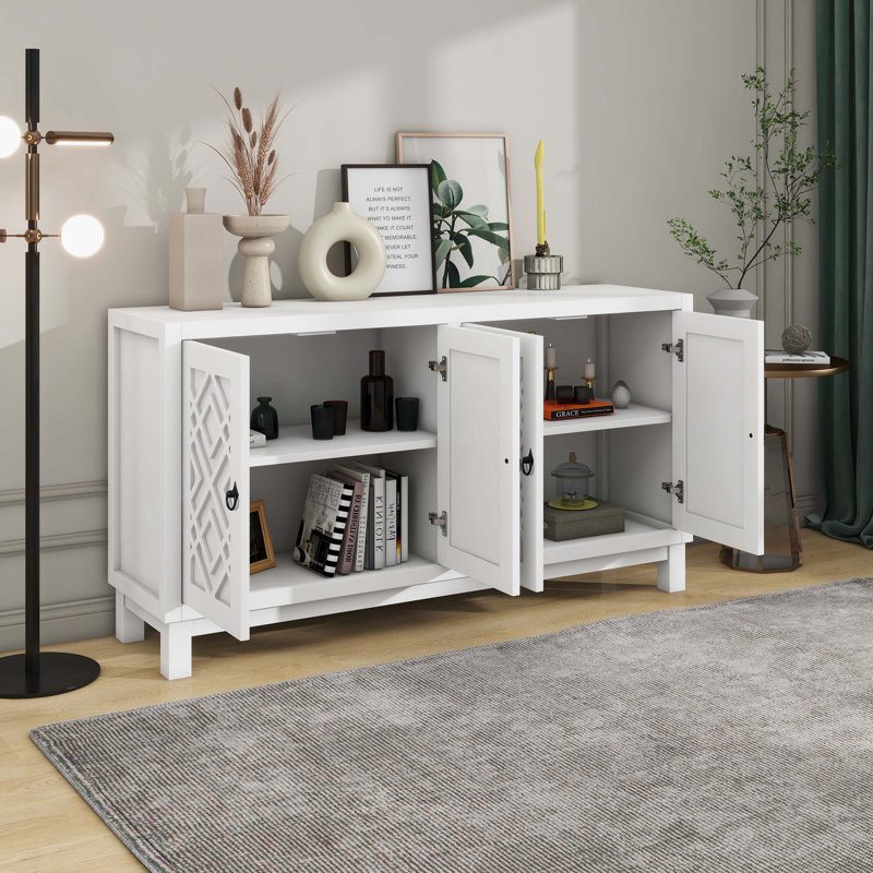 Cedrina Large Storage Space Sideboard, 4 Door Buffet Cabinet with Pull Ring Handlest,Office Credenza, White