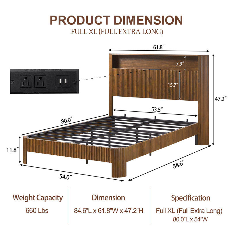 Base de lit plateforme avec tête de lit et station de charge, Noyer, Double